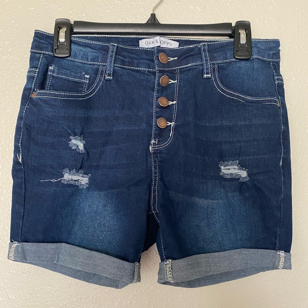 Blue Jean Shorts with Distressed Details and Rolled Cuffs